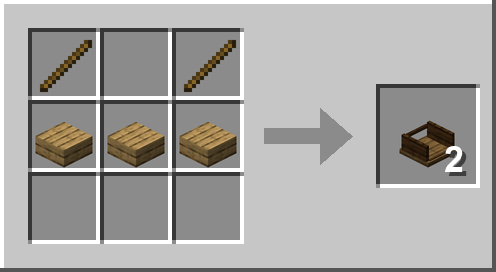 Crafting recipe: two sticks over three wooden slabs make two collector's shelves