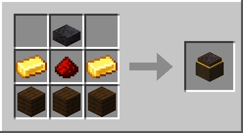 Crafting recipe: a blackstone slab, gold and redstone over dark oak planks make a turntable